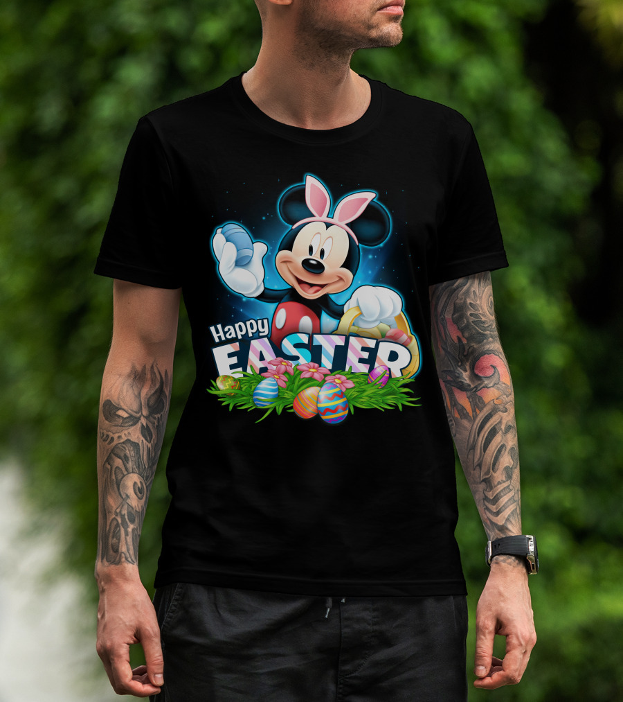 Mickey Mouse Happy Easter With Bunny Ears And Colorful Eggs Basket T-Shirt