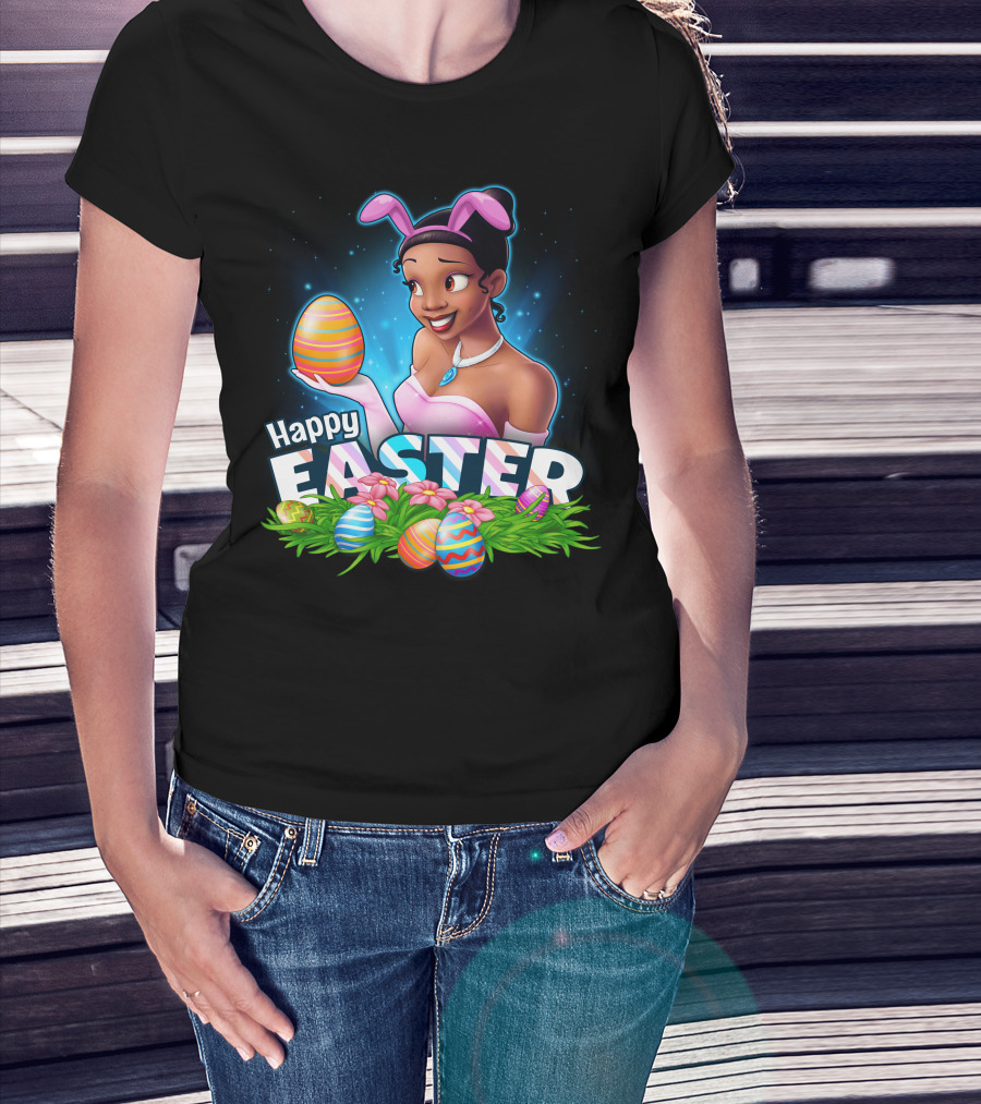 Tiana Happy Easter Bunny Ears Colorful Eggs Garden T-Shirt
