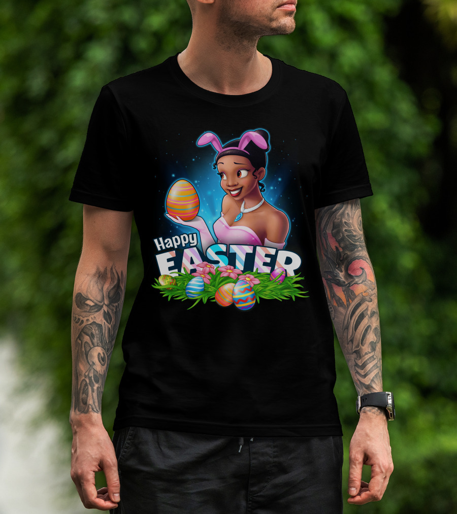 Tiana Happy Easter Bunny Ears Colorful Eggs Garden T-Shirt