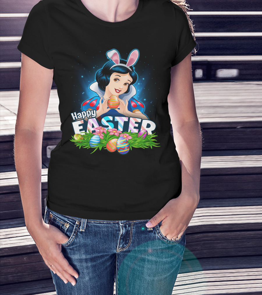 Snow White Happy Easter Bunny Ears Colorful Eggs Spring Celebration T-Shirt