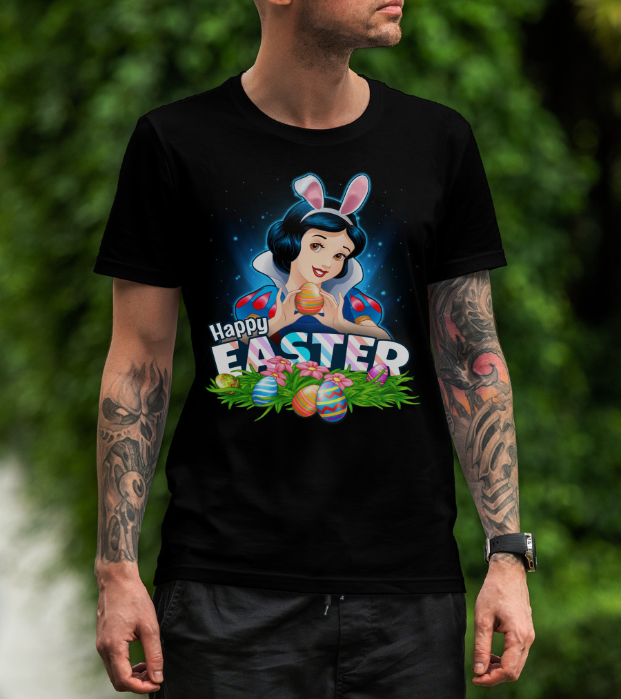 Snow White Happy Easter Bunny Ears Colorful Eggs Spring Celebration T-Shirt