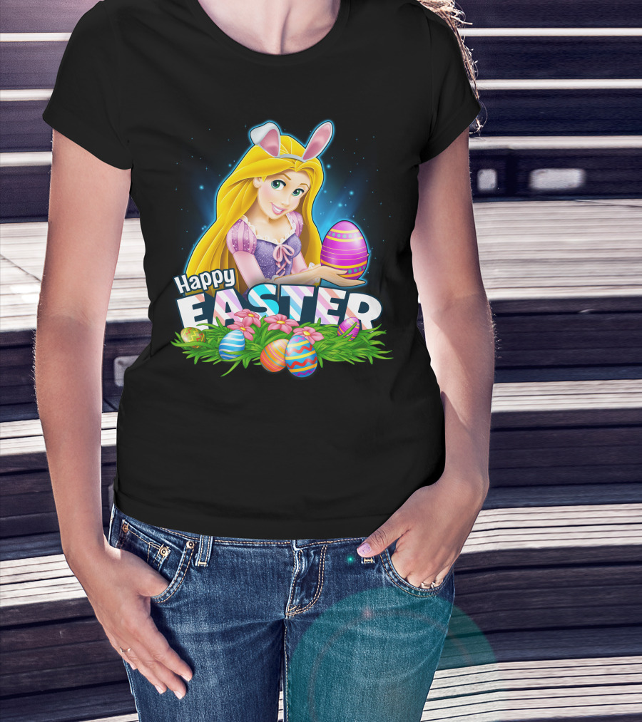 Happy Easter Rapunzel Bunny Ears With Colorful Eggs And Flowers T-Shirt