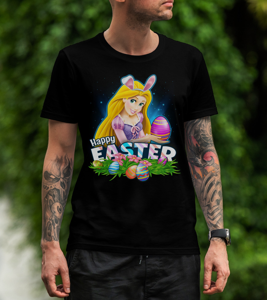 Happy Easter Rapunzel Bunny Ears With Colorful Eggs And Flowers T-Shirt