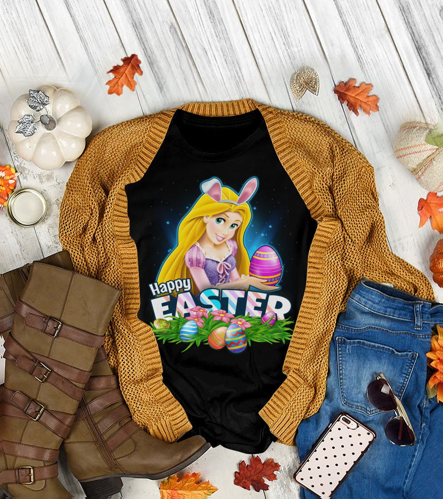 Happy Easter Rapunzel Bunny Ears With Colorful Eggs And Flowers T-Shirt