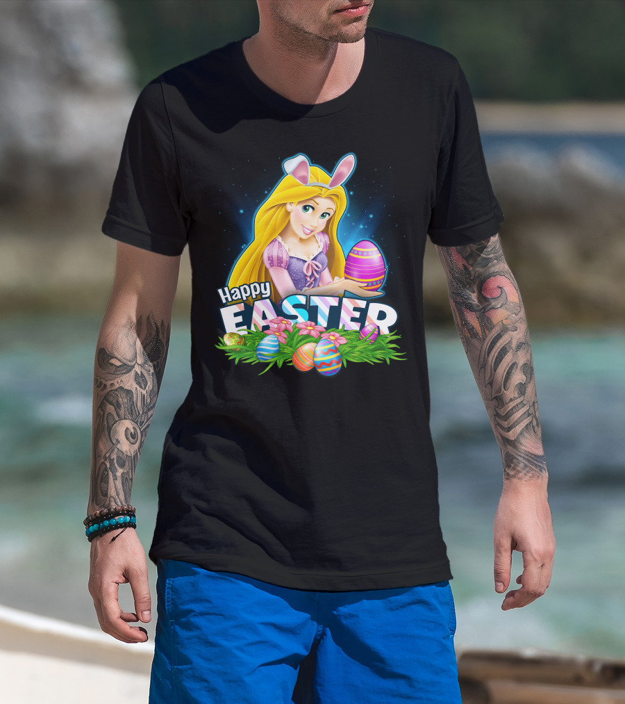 Happy Easter Rapunzel Bunny Ears With Colorful Eggs And Flowers T-Shirt