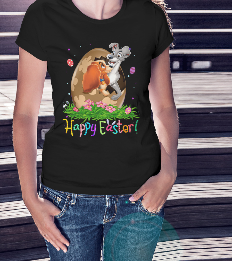 Lady And The Tramp Happy Easter Egg Scene With Colorful Flowers And Eggs T-Shirt