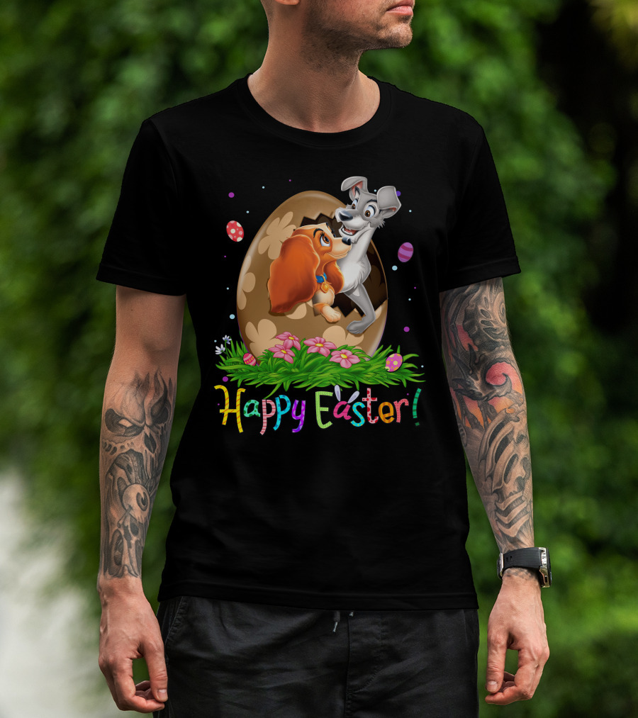 Lady And The Tramp Happy Easter Egg Scene With Colorful Flowers And Eggs T-Shirt