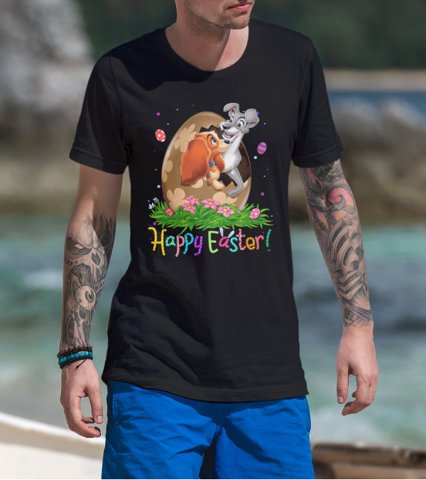 Lady And The Tramp Happy Easter Egg Scene With Colorful Flowers And Eggs T-Shirt