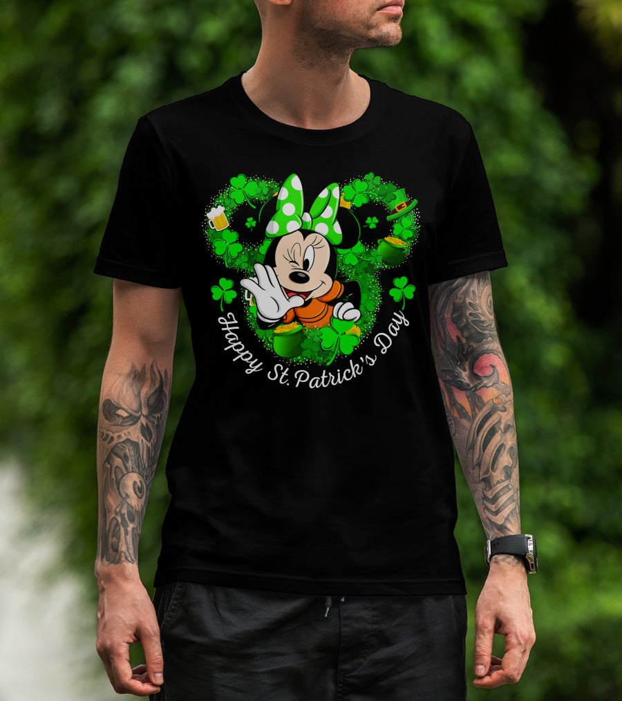 Minnie Mouse Happy St. Patrick's Day Shamrocks And Leprechaun Hat T-Shirt