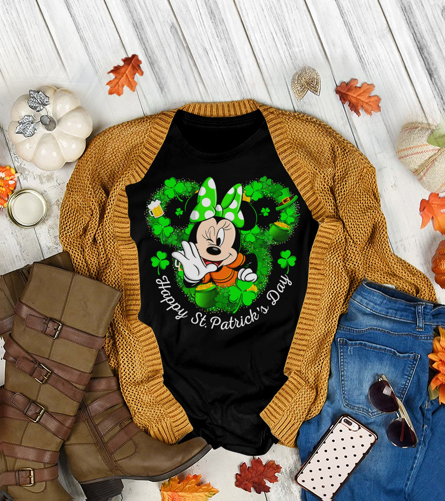 Minnie Mouse Happy St. Patrick's Day Shamrocks And Leprechaun Hat T-Shirt