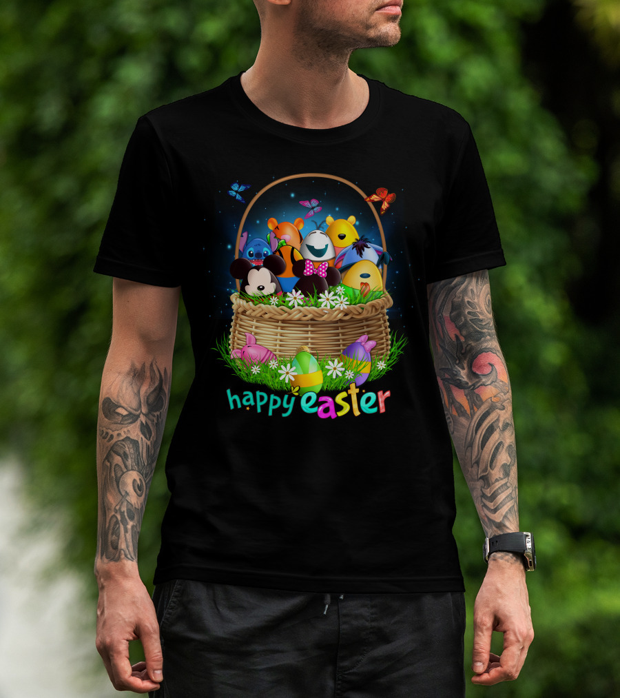 Happy Easter Basket With Colorful Eggs And Characters T-Shirt