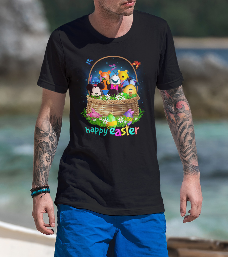 Happy Easter Basket With Colorful Eggs And Characters T-Shirt