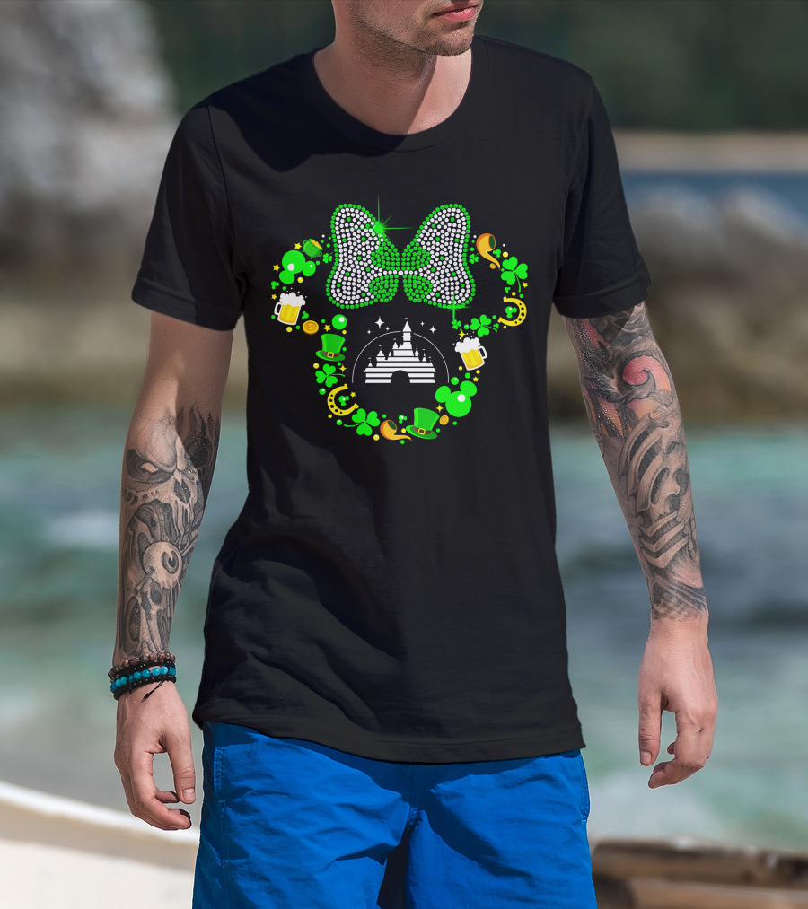 Minnie Mouse St. Patrick's Day Castle Shamrocks Beer Hats Horseshoes Bow T-Shirt