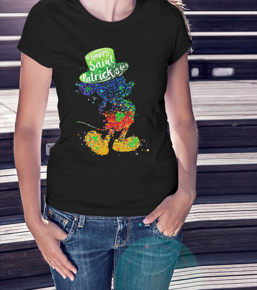 Happy Saint Patrick's Day Mickey Mouse Colorful Splatter Art T-Shirt