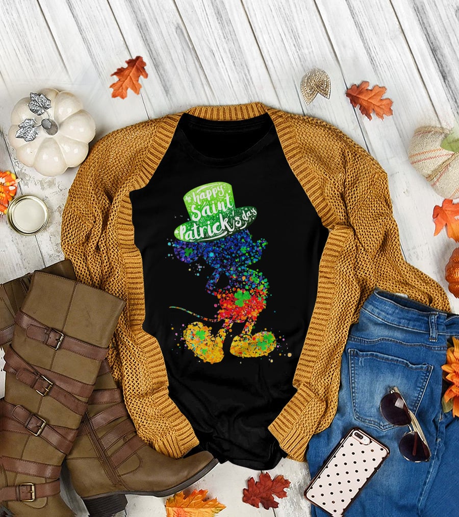 Happy Saint Patrick's Day Mickey Mouse Colorful Splatter Art T-Shirt