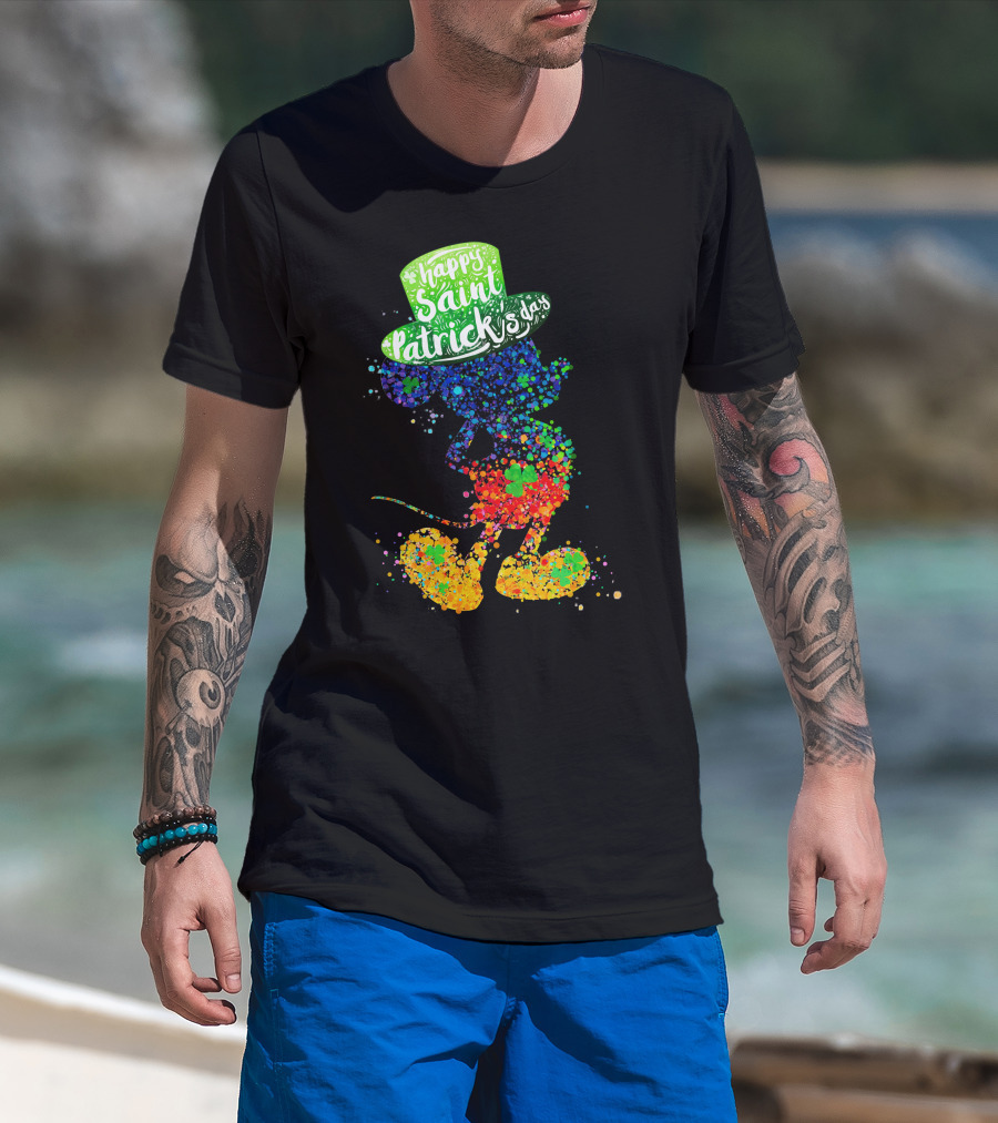 Happy Saint Patrick's Day Mickey Mouse Colorful Splatter Art T-Shirt