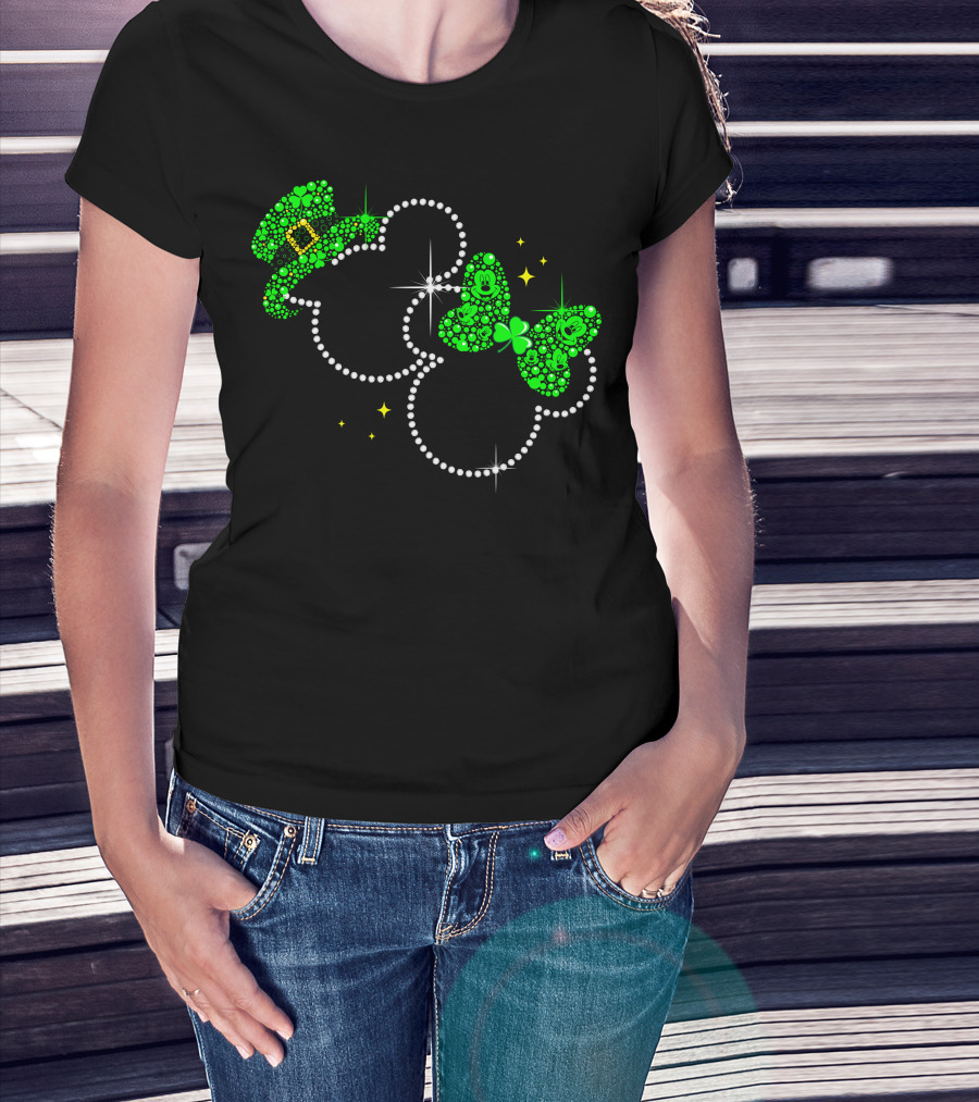 Mickey Minnie St. Patrick's Day Sparkling Green Hat And Bow T-Shirt