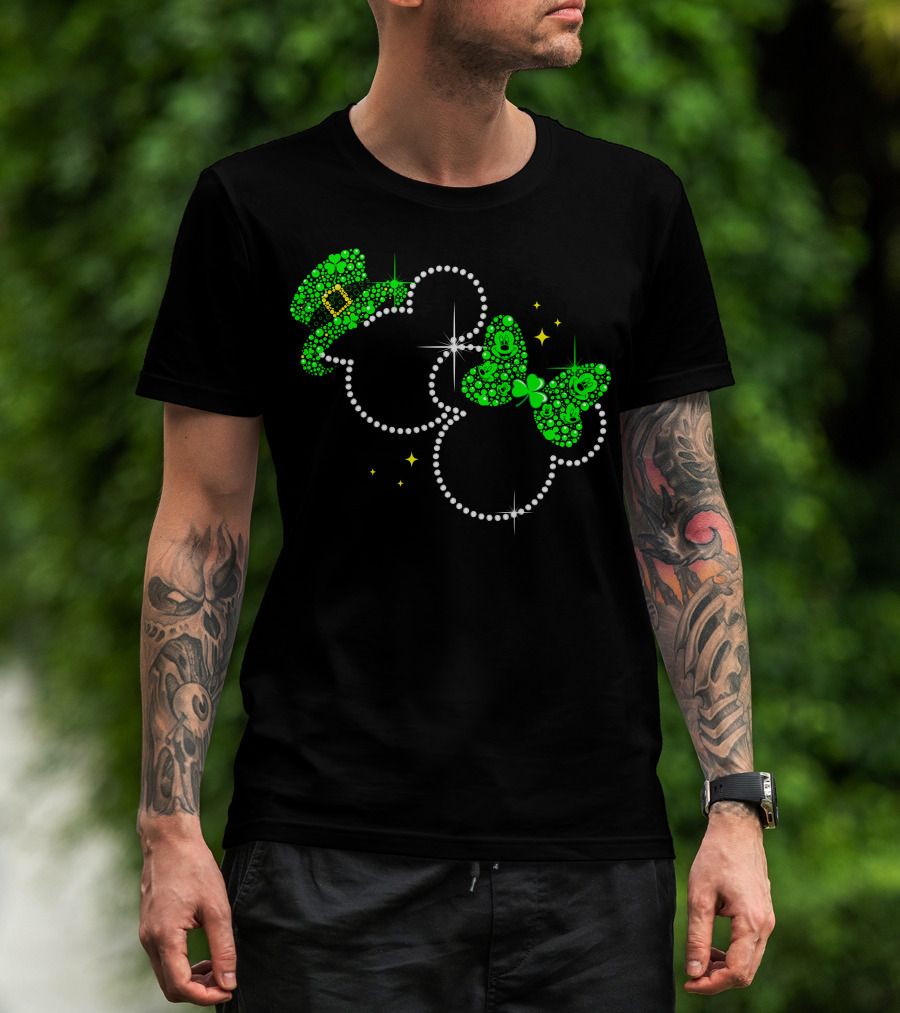 Mickey Minnie St. Patrick's Day Sparkling Green Hat And Bow T-Shirt