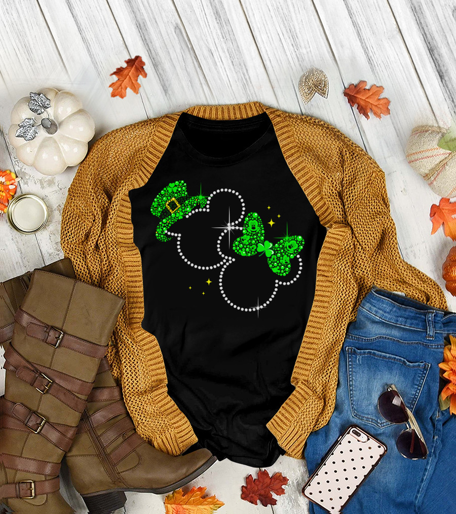Mickey Minnie St. Patrick's Day Sparkling Green Hat And Bow T-Shirt