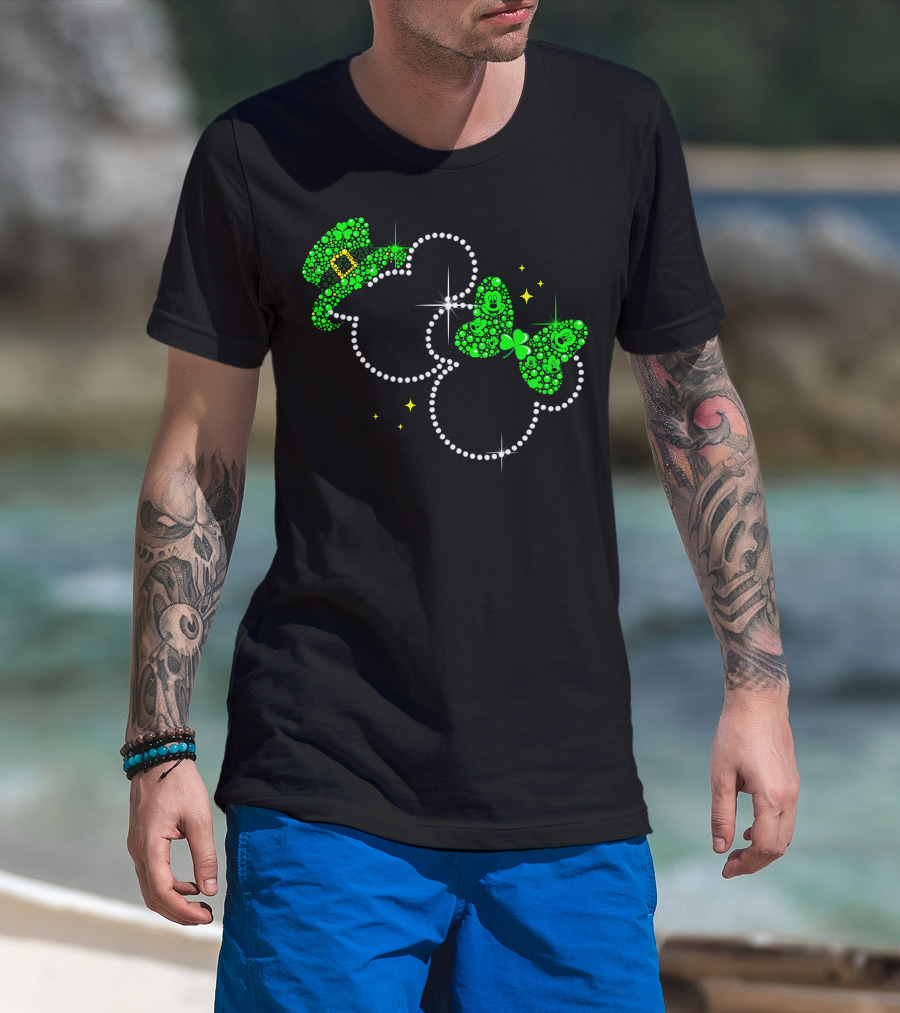 Mickey Minnie St. Patrick's Day Sparkling Green Hat And Bow T-Shirt