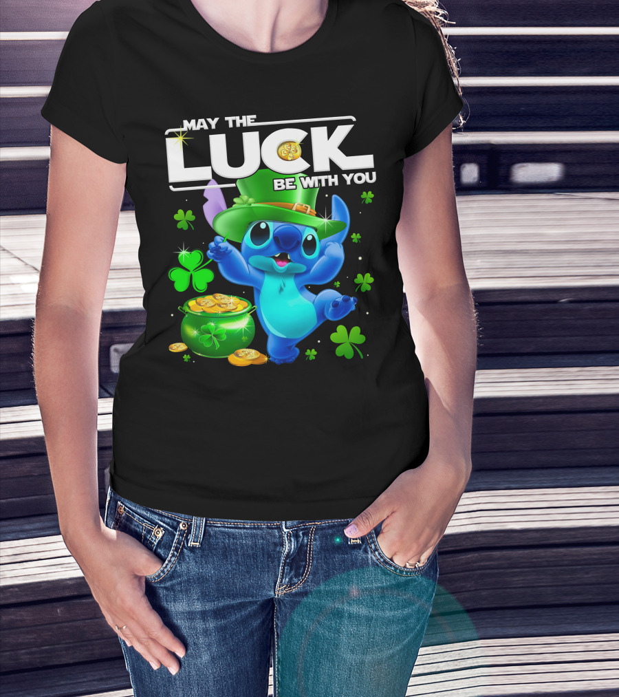 Stitch May The Luck Be With You Featuring Green Hat And Shamrocks T-Shirt