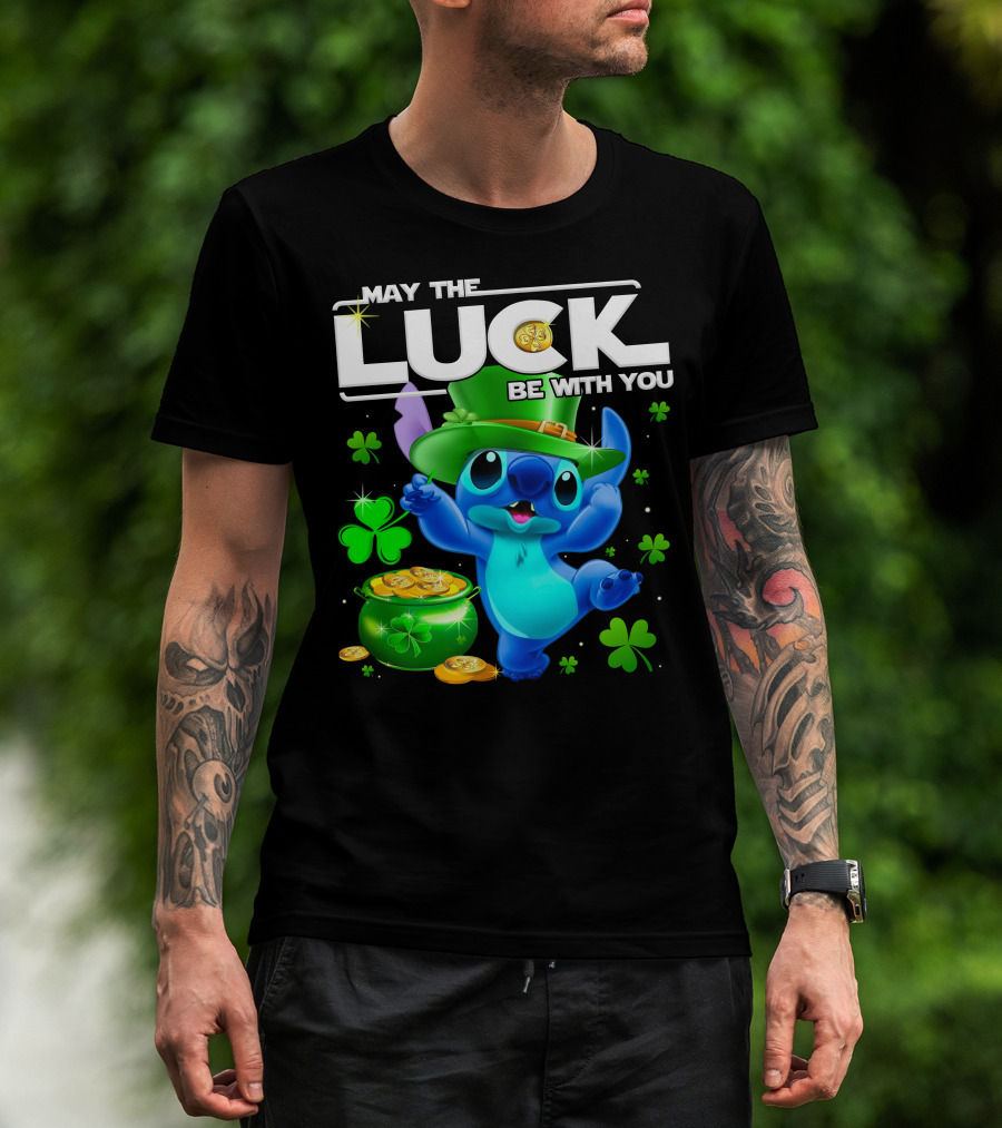 Stitch May The Luck Be With You Featuring Green Hat And Shamrocks T-Shirt