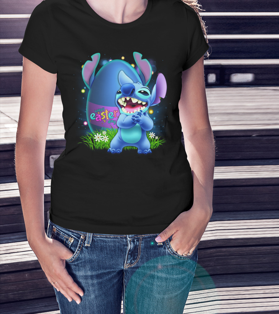 Happy Easter Day Stitch With Easter Egg And Flowers T-Shirt