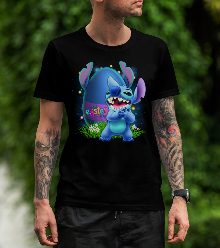 Happy Easter Day Stitch With Easter Egg And Flowers T-Shirt