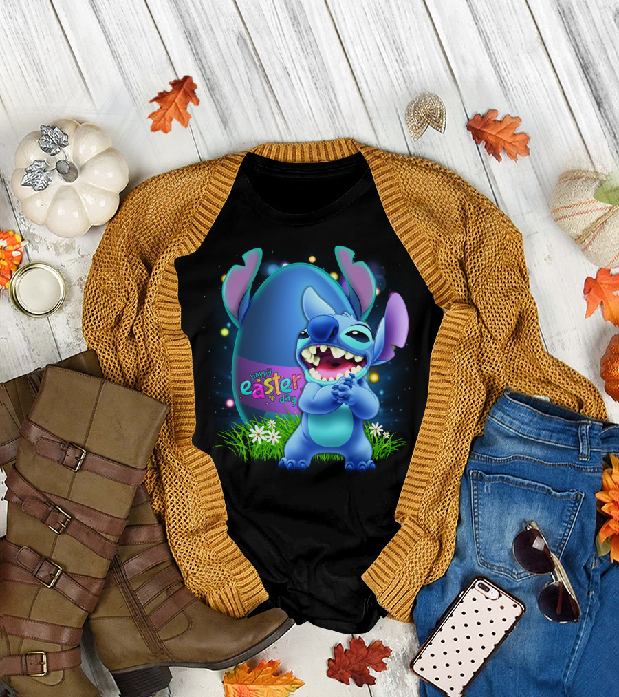 Happy Easter Day Stitch With Easter Egg And Flowers T-Shirt
