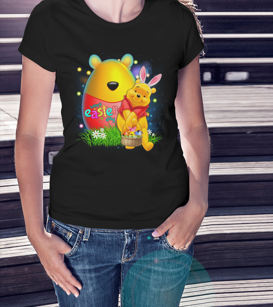 Happy Easter Day Pooh With Basket And Bunny Ears T-Shirt