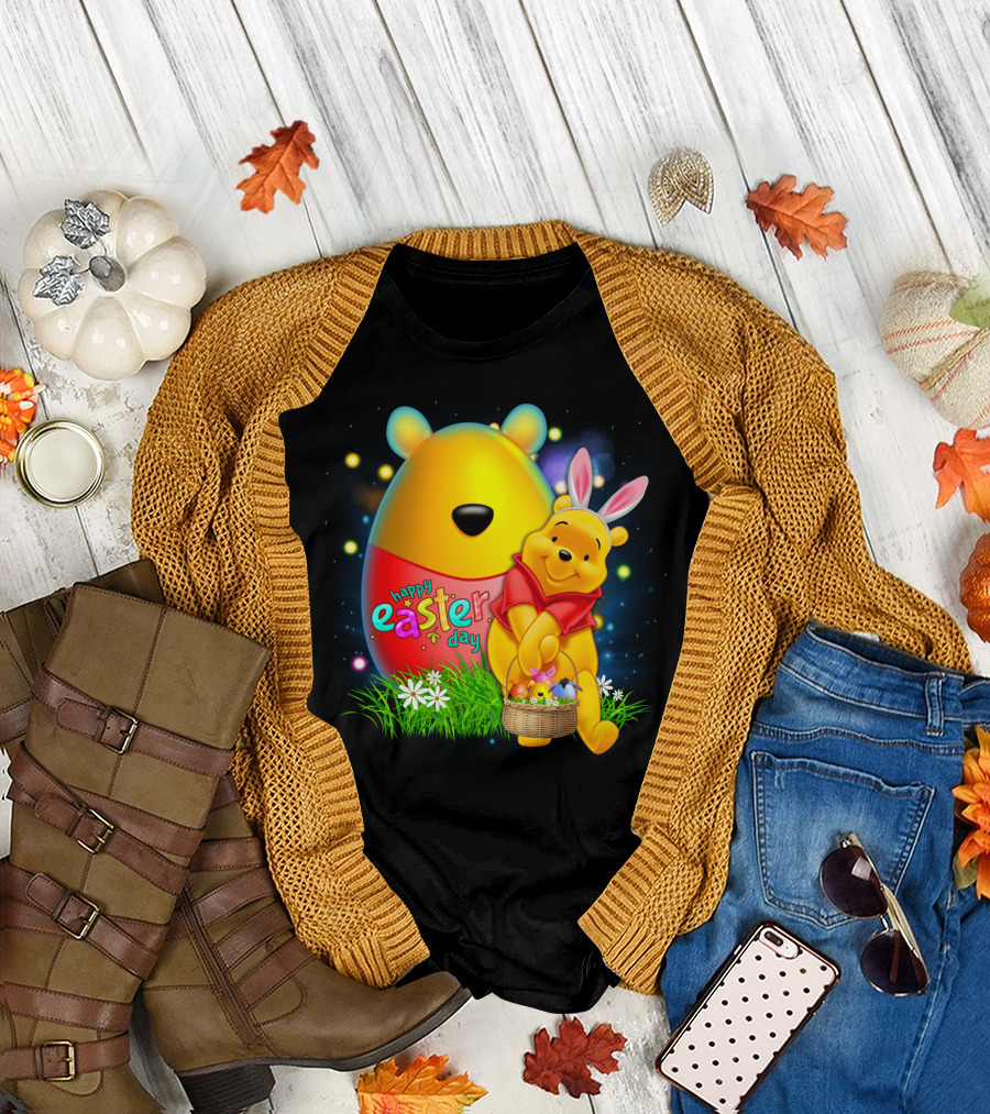 Happy Easter Day Pooh With Basket And Bunny Ears T-Shirt