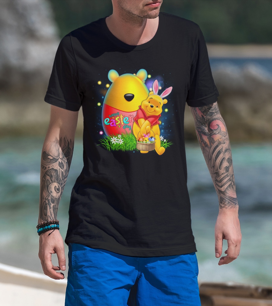 Happy Easter Day Pooh With Basket And Bunny Ears T-Shirt