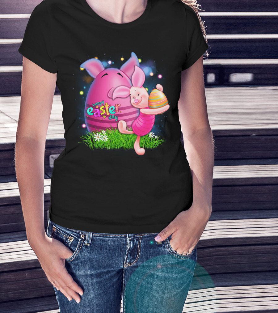 Happy Easter Day Piglet With Colorful Eggs T-Shirt