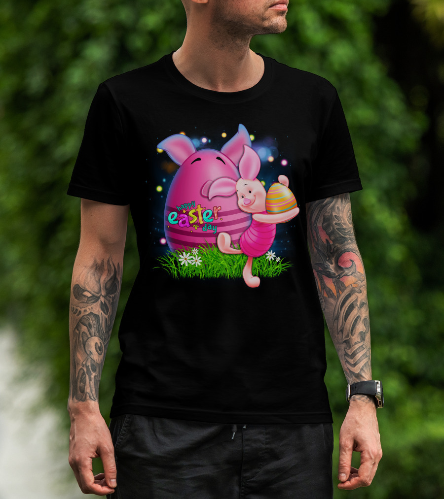 Happy Easter Day Piglet With Colorful Eggs T-Shirt