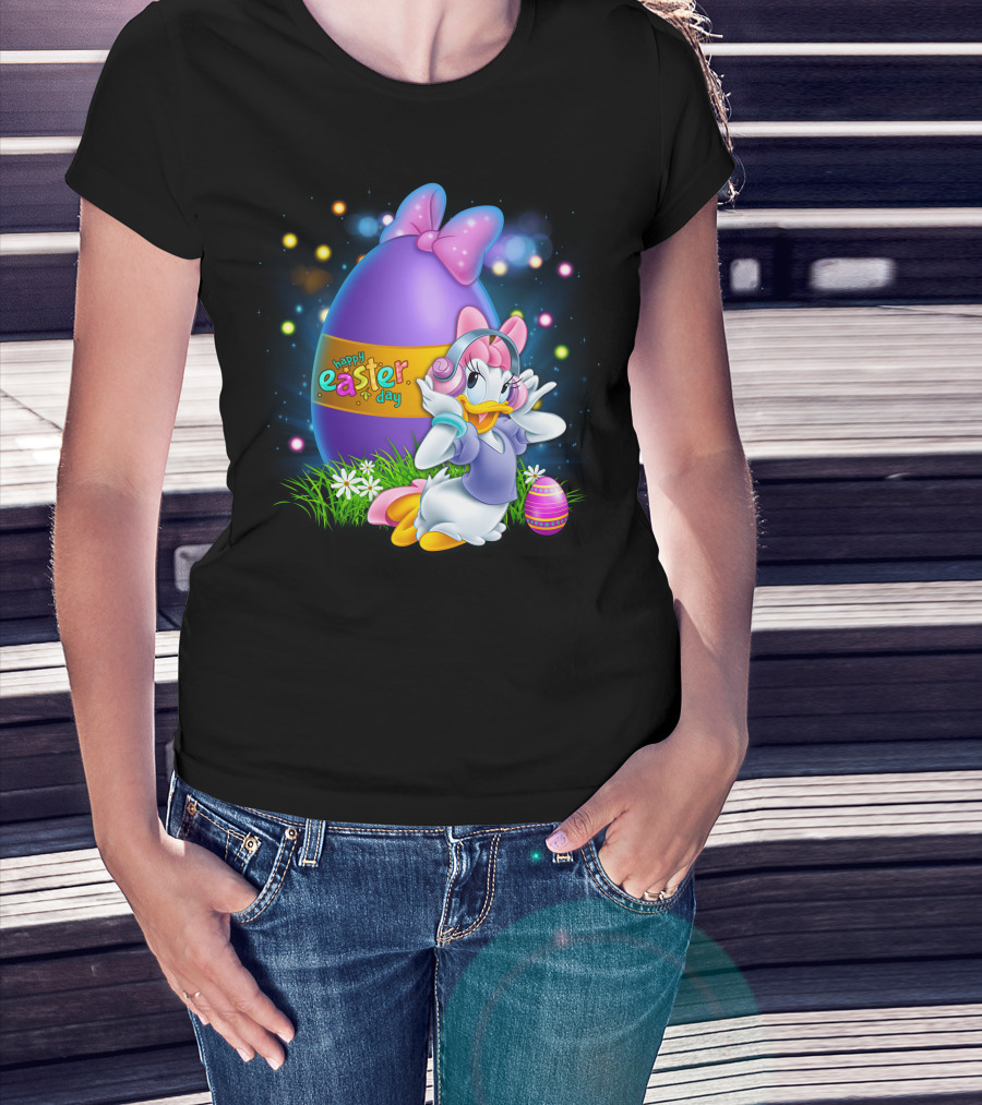 Daisy Duck Happy Easter Day Pink Bow Large Egg And Flowers T-Shirt