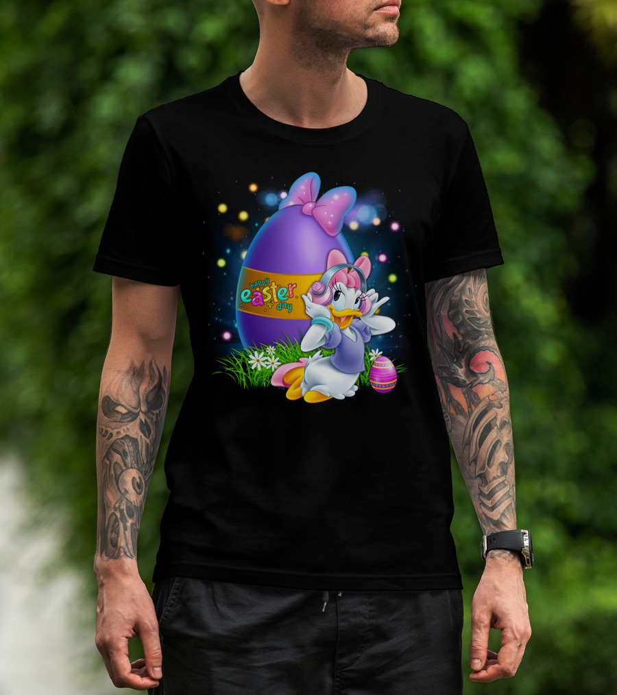 Daisy Duck Happy Easter Day Pink Bow Large Egg And Flowers T-Shirt