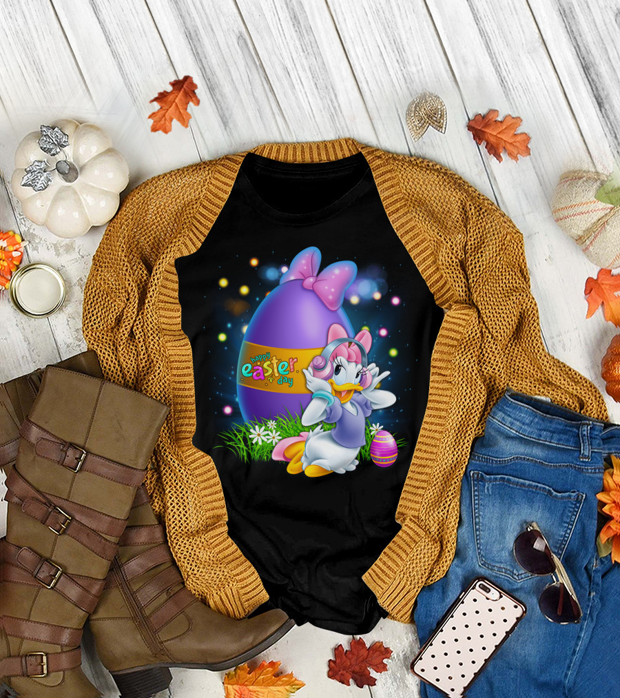 Daisy Duck Happy Easter Day Pink Bow Large Egg And Flowers T-Shirt