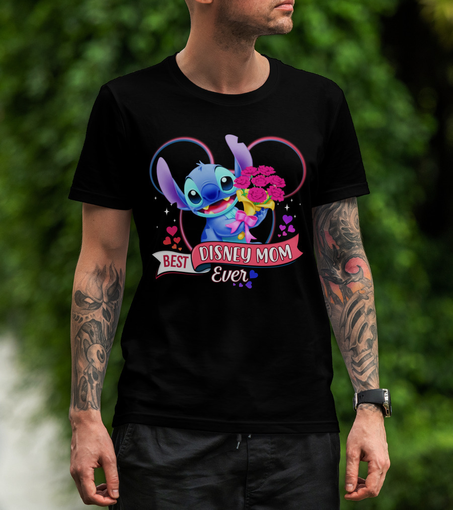 Best Disney Mom Ever Stitch With Flowers And Hearts T-Shirt