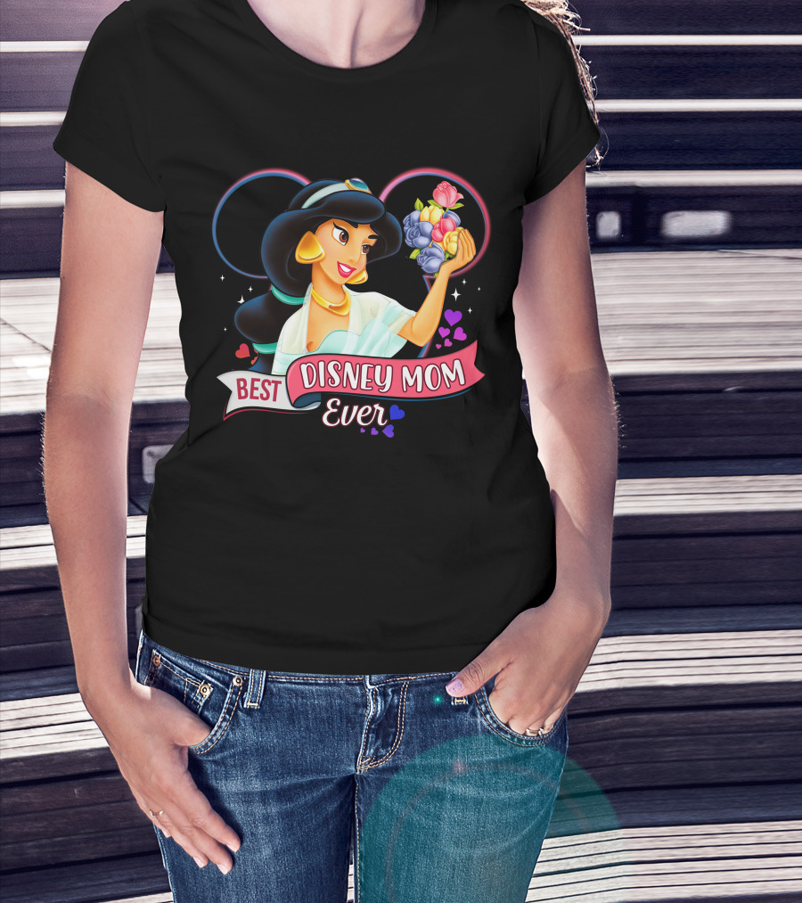 Best Disney Mom Ever Jasmine With Flowers And Hearts T-Shirt