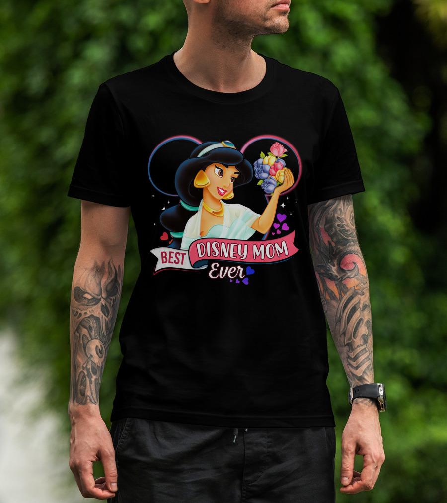 Best Disney Mom Ever Jasmine With Flowers And Hearts T-Shirt