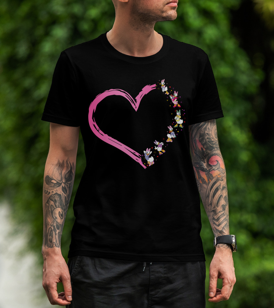 Daisy Duck Heart Shape With Pink Outline And Floral Elements T-Shirt