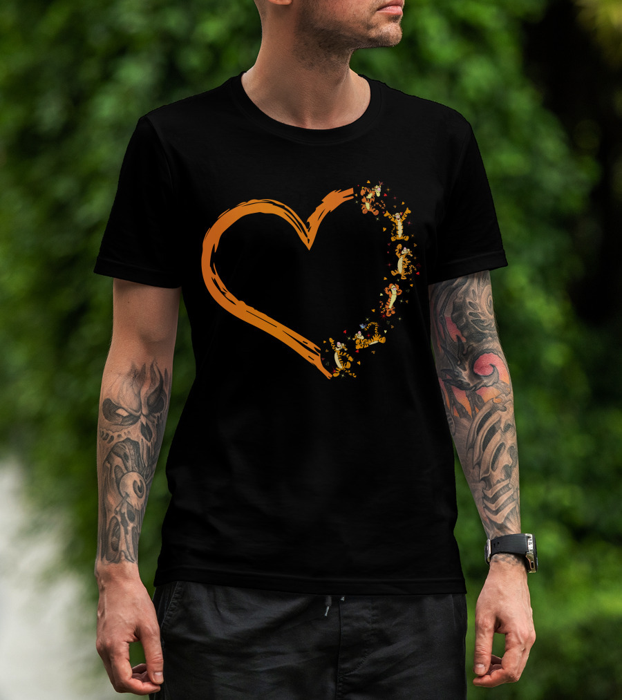 Tigger Heart Orange Brushstroke With Dancing Tiggers And Stars T-Shirt