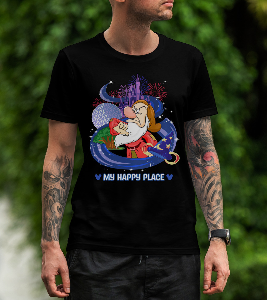 Grumpy My Happy Place Disney Castle Fireworks Epcot Sorcerer Hat T-Shirt