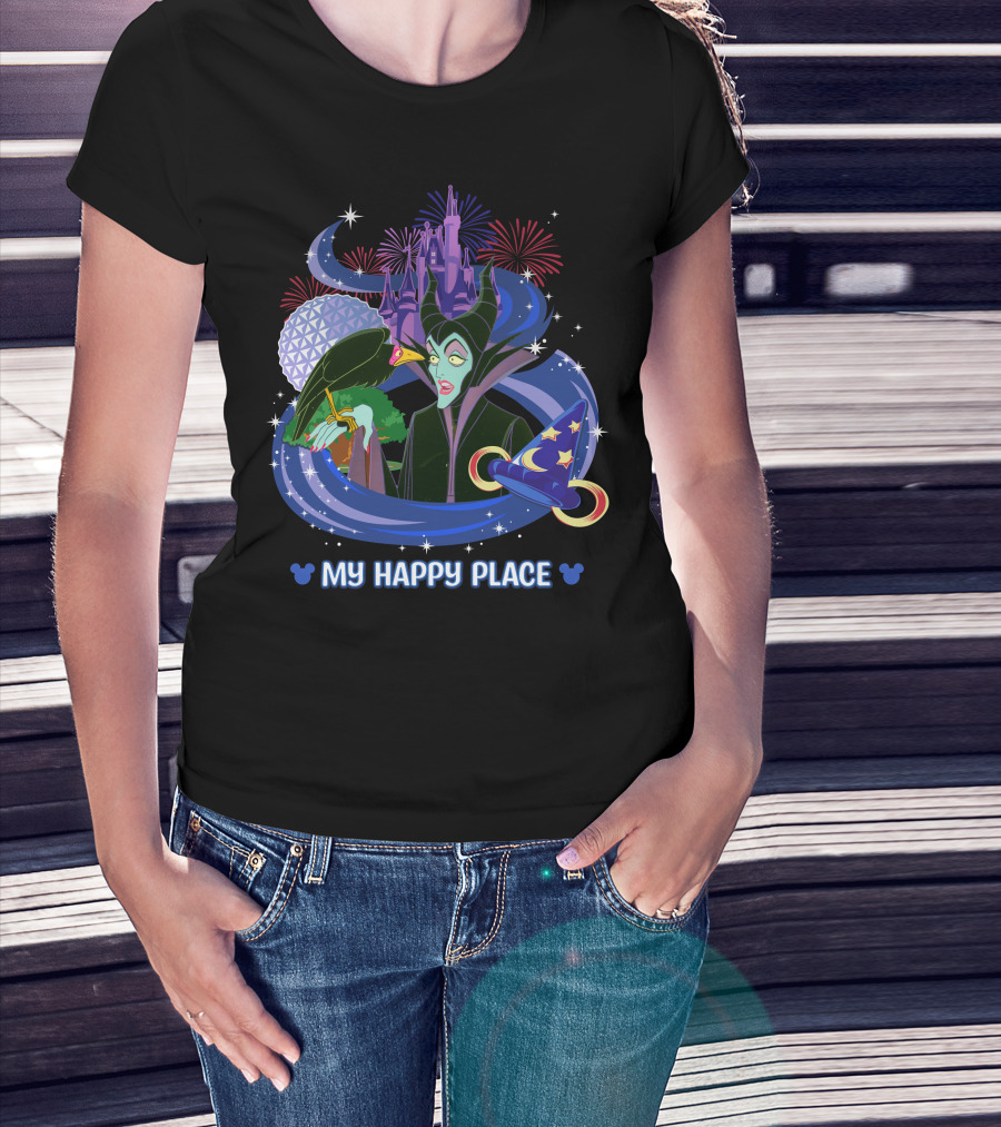Maleficent My Happy Place Disney Castle Fireworks Mickey Sorcerer Hat T-Shirt