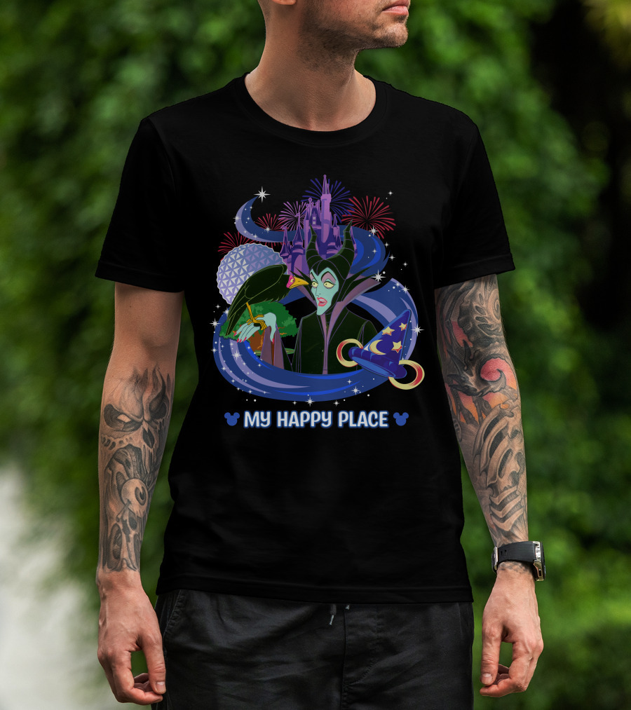 Maleficent My Happy Place Disney Castle Fireworks Mickey Sorcerer Hat T-Shirt