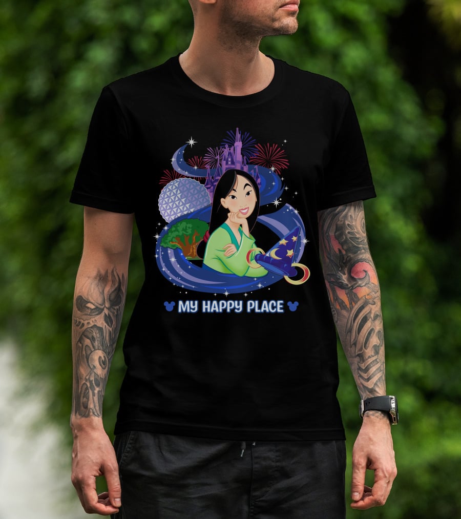 Mulan My Happy Place Disney Theme Parks Castle Fireworks And Sorcerer's Hat T-Shirt