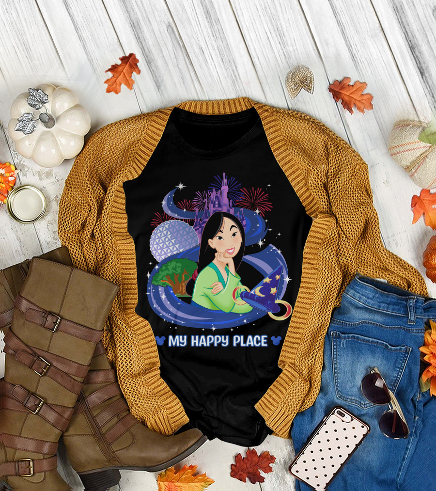Mulan My Happy Place Disney Theme Parks Castle Fireworks And Sorcerer's Hat T-Shirt