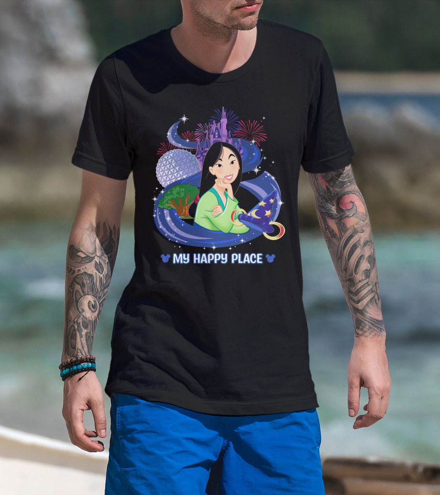 Mulan My Happy Place Disney Theme Parks Castle Fireworks And Sorcerer's Hat T-Shirt