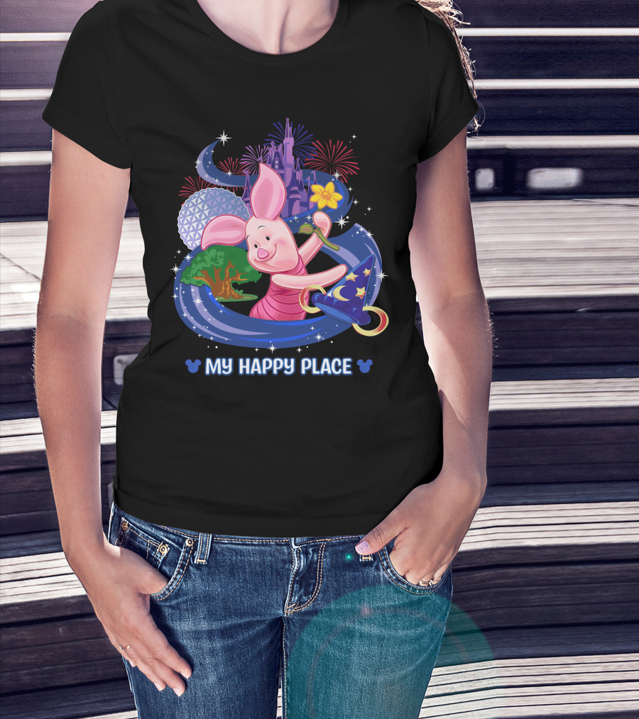My Happy Place Piglet With Castle Fireworks And Magic Hat T-Shirt
