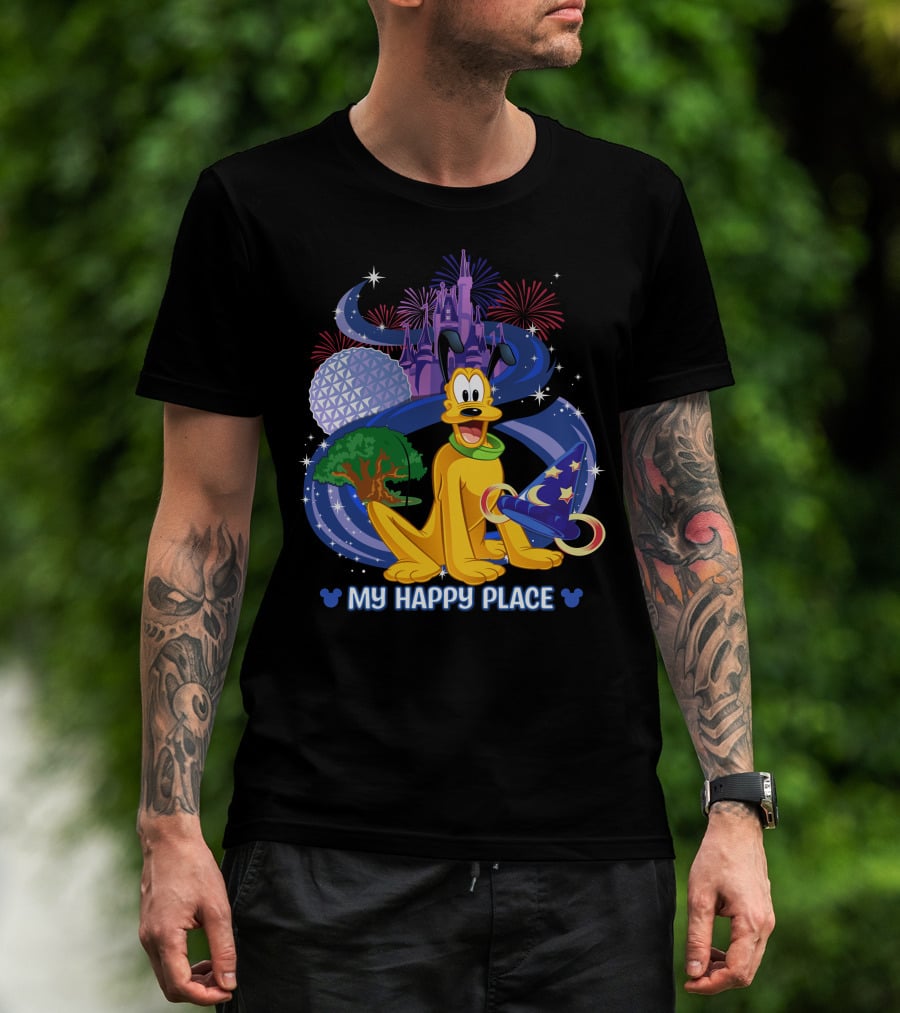 Disney Pluto My Happy Place Disney Castle Fireworks Epcot Disney Mickey Sorcerer Hat T-Shirt